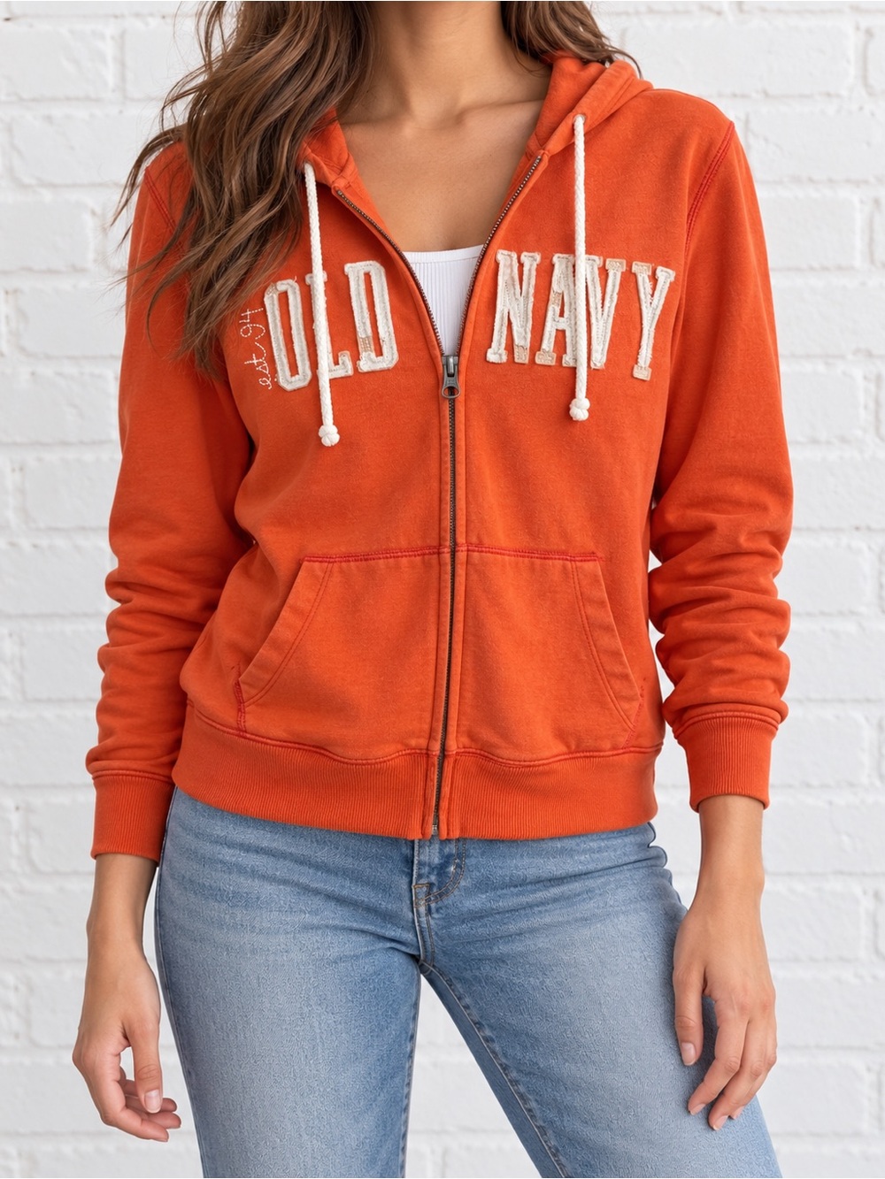 Y2K Old Navy Orange Full Zip Hoodie L Spellout Est 94 Distressed Collegiate